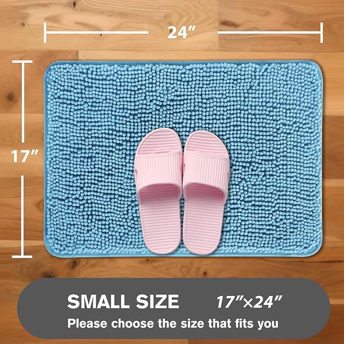 Sky Blue Bathroom Rugs – Absorbent and Washable Bath Mat, Non-Slip, Thick Soft Chenille Bath Rugs for Bathroom Floor, Shower, Sink - 17" x 24"
