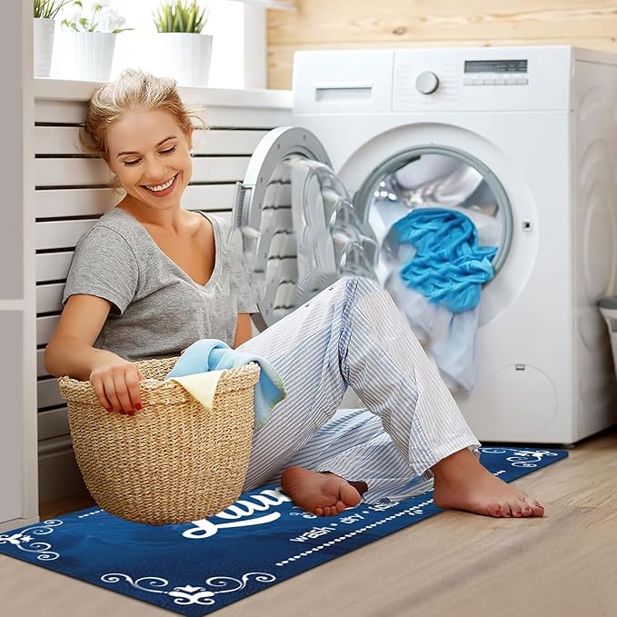 XLHOMO Laundry Room Rug Runner Non Slip, 17.7"x45" Navy Blue Laundry Mat Farmhouse Washable, Laundry Rugs for Laundry Room Floor, Mudroom, Kitchen, Washroom, Bathroom, Hallway, Entryway Carpet Decor