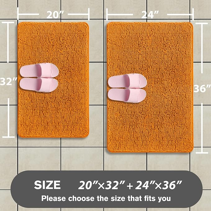 Flame Orange Bathroom Rugs Sets 2 Piece – Absorbent and Washable Bath Mat, Non-Slip, Thick Soft Chenille Bath Rugs for Bathroom Floor, Shower, Sink - 20" x 32"+24" x 36"