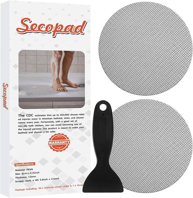 Secopad Original Bathtub Non-Slip Stickers for Tub & Shower Floor, Strong Anti-Slip Shower Stickers with Scraper Ideal for Families with Kids, Adults & Seniors, 24 PCS (Gray)