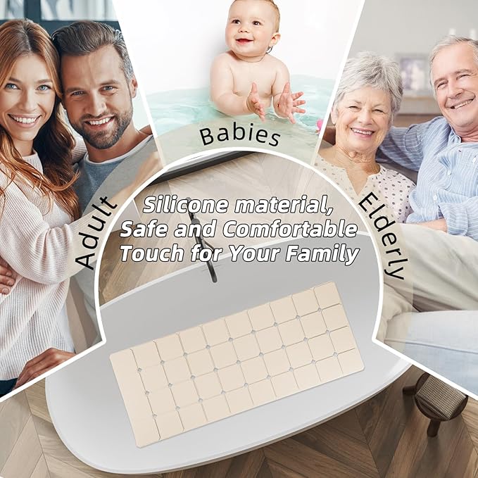 Bathtub Mat Non-Slip Silicone Soft Odorless Large Bath Mat No Suction Cups for Refinished,Reglazed and Textured Shower Mats Non Slip Extra Long Tub Mat (16x40inch Beige)
