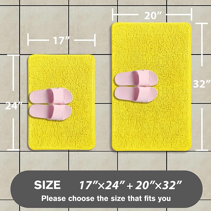 Yellow Bathroom Rugs Sets 2 Piece – Absorbent and Washable Bath Mat, Non-Slip, Thick Soft Chenille Bath Rugs for Bathroom Floor, Shower, Sink - 17" x 24"+20" x 32"