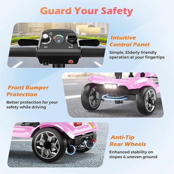 Lightweight Mobility Scooter for Adults & Seniors - Cruise & Airport Approved, 43lb Foldable Portable Motorized Scooters with Removable Lithium Battery for 12.4 Miles Travel, 300lb Capacity, Pink