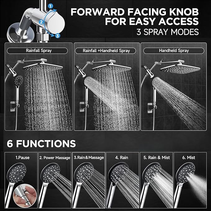 Veken Wide High Pressure Rain Shower Head with Handheld, Handheld Shower Heads with Multi Spray Modes, Rainfall Combo with 15" Metal Extension Arm,Detachable Dual Shower,1.8GPM, Chrome Silver