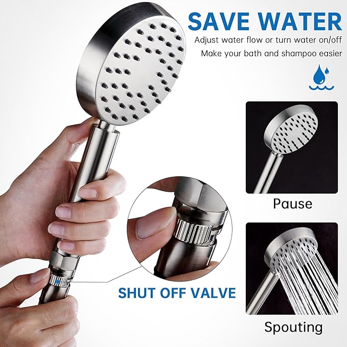 G-Promise Solid Metal Brushed Nickel Handheld Shower Head with Extra Long Stainless Steel Hose & Water Saving On/Off Pause Valve, Modern Style, 1 Setting