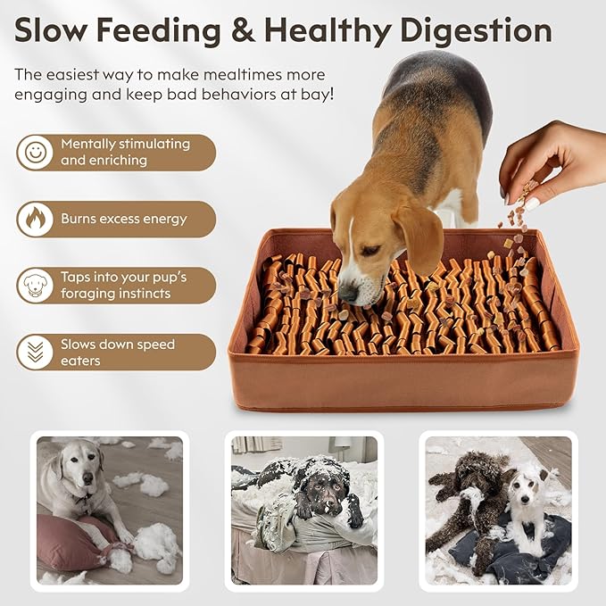 FunFurry Snuffle Mat for Dogs, Dog Puzzle Mat, Interactive Dog Toys for Enrichment,Sniff Mats with Non-Slip Backing,Portable Design Easy to Store (Brown, 14" X 12"-Portable)