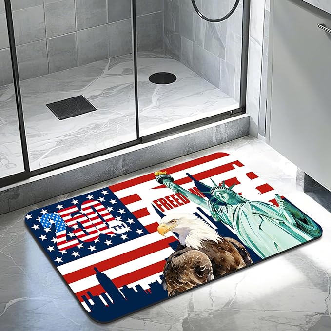 Quick Dry Bath Mat for Bathroom,Super Absorbent Patriotic 4th of July Welcome Bath Rug Non-Slip Rubber,Machine Washable Bathroom Floor Mat for Shower, Tub, Sink Area Independence Day Eagle 16x24