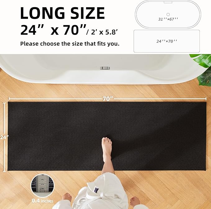 TYUU Black Bathroom Runner Rugs, Long Bath Mat Runner Washable Thin Quick Dry Low Pile Bathroom Runner Rugs Non Slip, Black 24''x70''