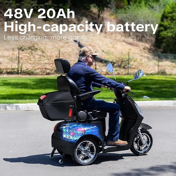 Super Large Electric 4 Wheel Mobility Scooters, Heavy Duty 800W Wheelchair Device, 25 Miles Long Range, All Terrain Mobility Scooter，Speed Adjust, Remote Key,Receive Ready to Ride (3 Wheel -Black)