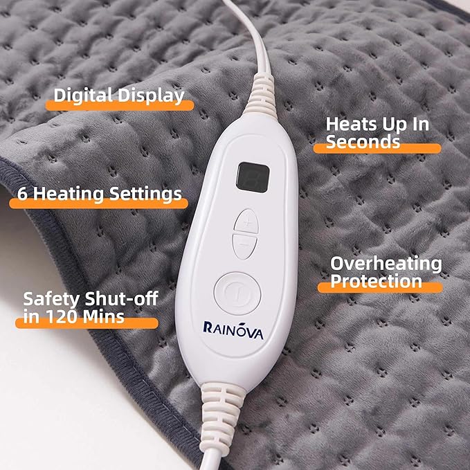RAINOVA Heating Pad Electric Throw for Back Pain & Cramps Relief, 12''x24'' Electric Pad with Auto Shut Off, Heat Pad 6 Heat Settings,Christmas Gifts for Women, Men, Mom, Dad(Gray)