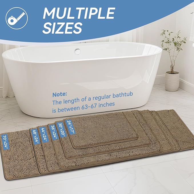 Bcoimo 30x20 Chenille Bath Mat – Non-Slip with Backing Bath Rug Ultra-Absorbent and Machine Washable Bathroom Mat Quick-Dry Design. Ideal for Bathroom Shower and Tub Areas