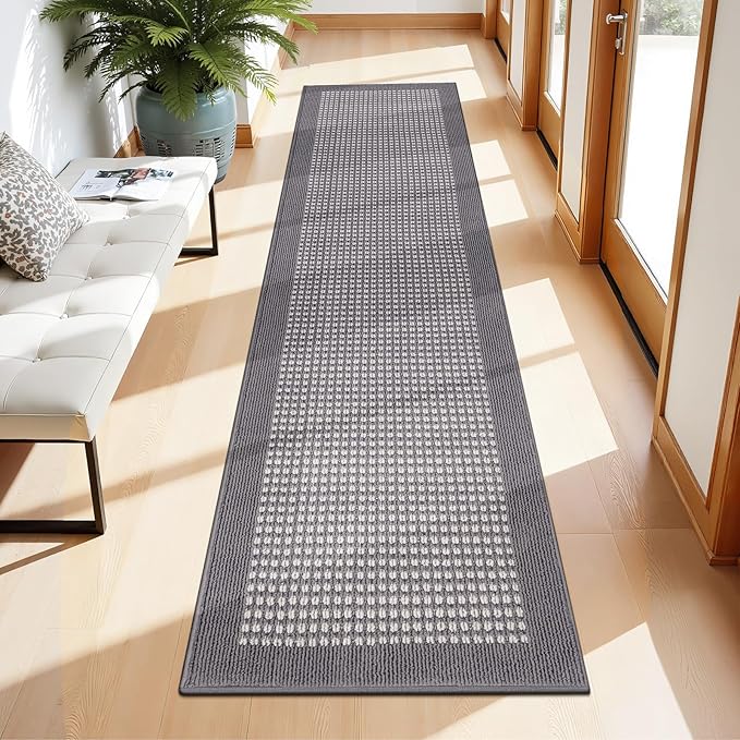 Ileading Hallway Runner Rug 2'x10' Heavy-Duty Durable Entryway Floor Mat with Non Slip Rubber Backing for Busy Traffic Extended Indoor Doormat Machine Washable Grey Kitchen Throw Rug for Corridor