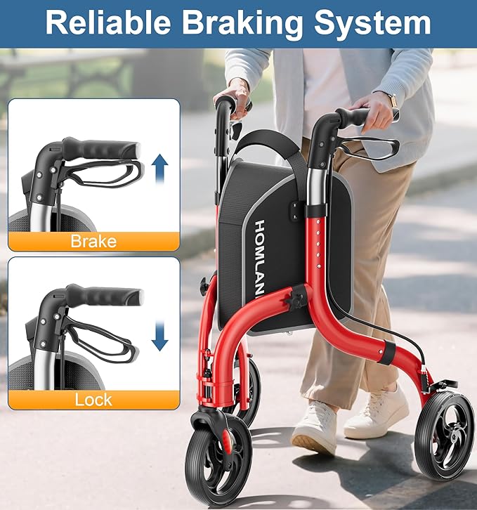 Foldable 3 Wheel Walkers for Seniors, Lightweight AluminumThree-Wheeled Walker, Height Adjustable Compact Walker with Removable Storage Bag
