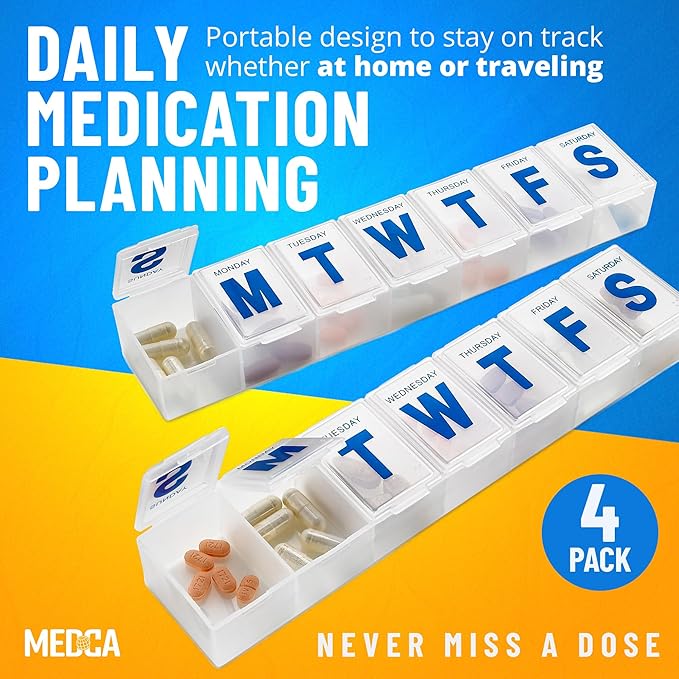 Weekly Pill Organizer - 7-Day Pill Planner Extra Large Pill Planner and Daily Pill Organizer and Medicine Reminder, Monday to Sunday Compartments - BPA Free - Travel Pill Box Case (Pack of 4)