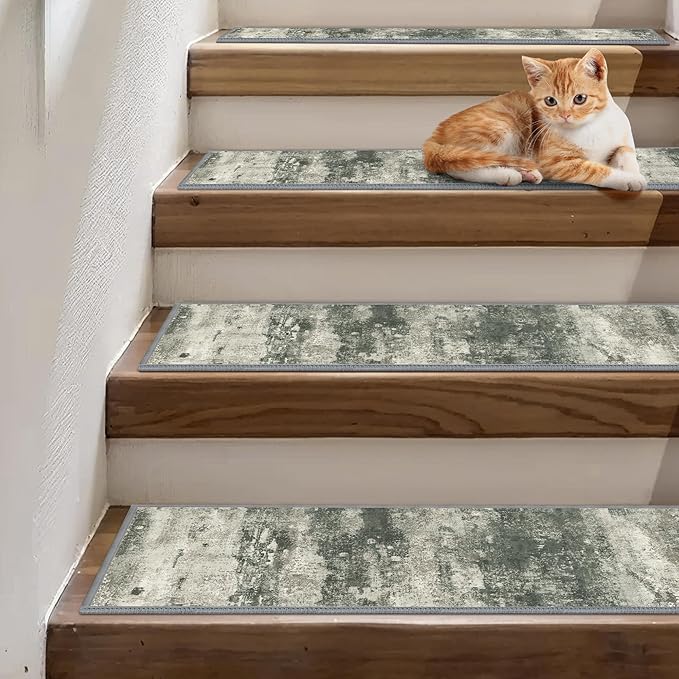 Non Slip Stair Treads for Wooden Steps 15PCS - 8"x30" Indoor Safety Carpet, Edging Mats with TPE Adhesive Backing, Pet and Elderly Friendly Stair Rugs (Muted Green/Beige)