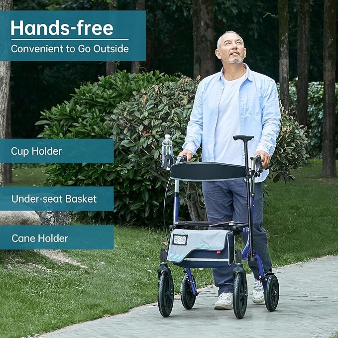 ELENKER All-Terrain Rollator Walker with Seat, Outdoor Rolling Walker, 12” Non-Pneumatic Tire Front Wheels, Compact Folding Design for Seniors, Blue