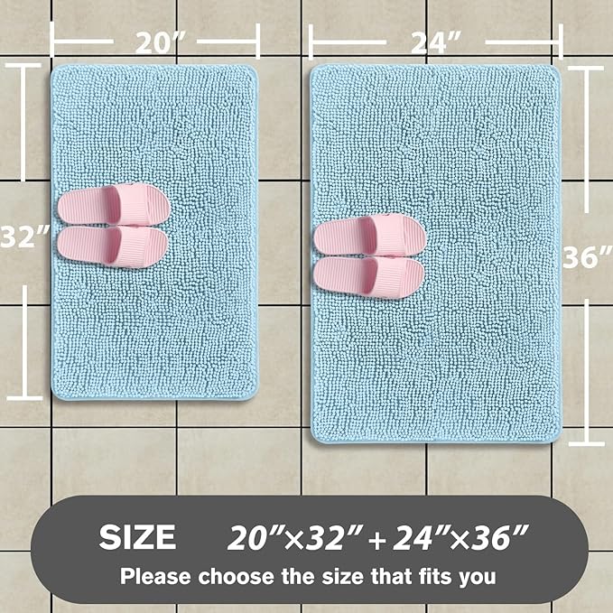 Light Blue Bathroom Rugs Sets 2 Piece – Absorbent and Washable Bath Mat, Non-Slip, Thick Soft Chenille Bath Rugs for Bathroom Floor, Shower, Sink - 20" x 32"+24" x 36"