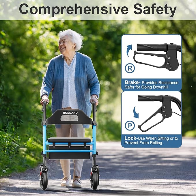 HOMLAND Foldable Rollator Walkers with Seat for Seniors, 8'' Big Wheels, 350 lb. Weight Capacity, Adjustable Handles and Seat Height, Lightweight Rolling Walker, Light Blue