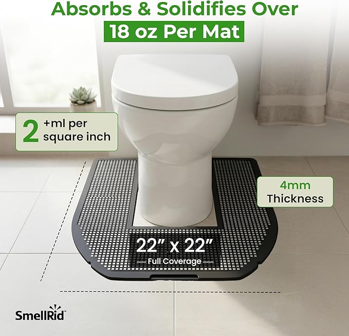 SMELLRID Disposable Toilet Mat for Urine Absorption – Odor-Control Floor Protector Absorbs 18+ oz – Non-Slip Bathroom Splash Pad 6-Pack (22 x 22 in)