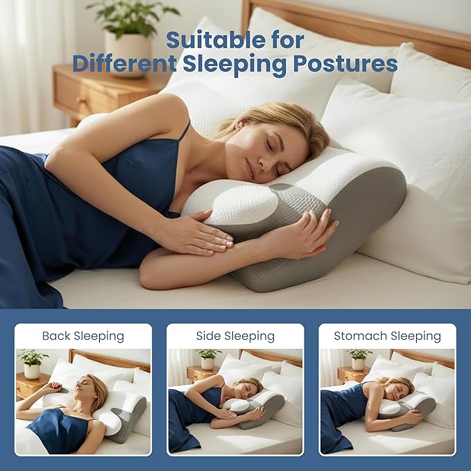 Ergonomic Cervical Memory Foam Pillow for Neck Pain Relief, Adjustable Contour Pillow with Hollow Center & Cooling Cover