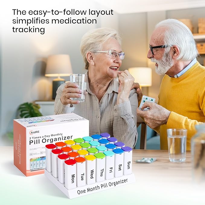 CAidRE Monthly Pill Organizer 2 Times a Day - 28 Day Pill Box AM PM, Daily Medicine Organizer for Vitamins, Supplements, Medications - BPA Free Pill Case for Home & Travel, White