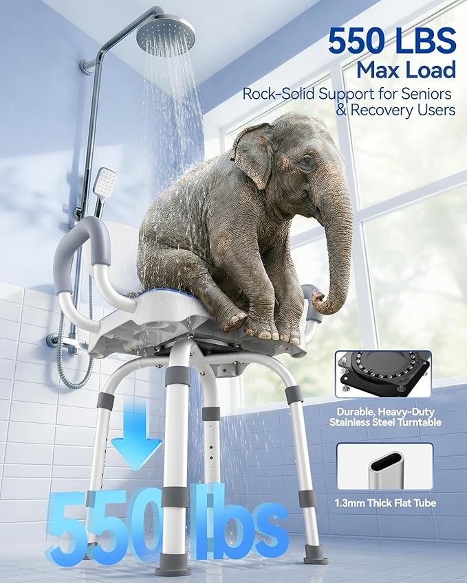 KingPavonini Swivel Shower Chair with Arms and Back, 550 lbs Heavy-Duty Shower Chair for Inside Shower Stall and Tub, Anti-Slip M-Shaped Seat & Height Adjustable Shower Seat for Elderly and Disabled