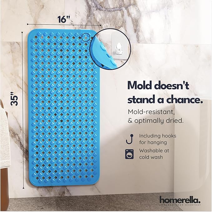 Bathtub Mat Non Slip 35x16 - homerella® Bath Mat Incl. Hooks for Drying, Extra Long, 100% BPA Free, Shower Mat Non Slip Anti Mold, Machine Washable, Shower Mats for Inside Shower Mildew Resistant