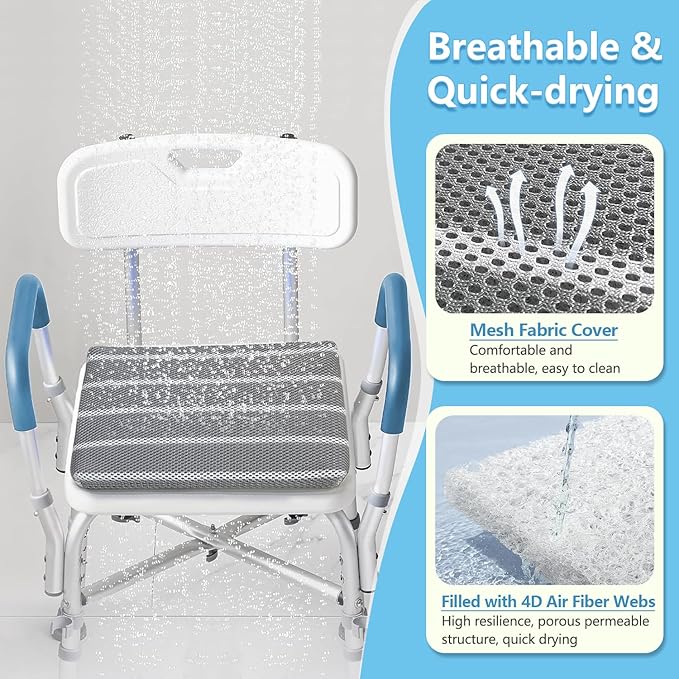 Shower Seat Cushion for Inside Shower, Shower Chair Cushion Bath Seat Mat for Seniors, Padded Shower Transfer Bench Pillow Bath Chair Pad for Elderly, Bathtub Seat Cushion, 4D Mesh Pad with Hook
