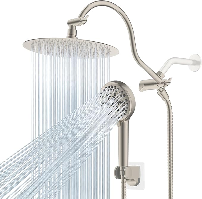 Hibbent All Metal CUPC Certified Shower Head, 10'' High Pressure Rainfall Shower Head, Handheld Showerhead Combo with 12'' Adjustable Extension Arm, 10-Spray, 71'' Hose, Shower Holder, Brushed Nickel