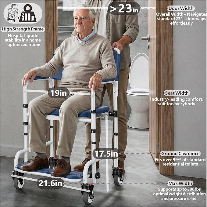 Shower Chair with Wheels, Two Modes Bedside Commode with Wheels, Aluminum Shower Wheelchair with Footrest, Portable Toilet with Bucket for Elderly and Disabled, 300 LBS Weight Capacity