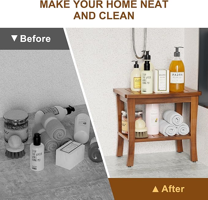Teak Wood Shower Bench Stool with Storage Shelf, Wooden Waterproof Bathroom Spa Bathing Teak Shower Stool with Non-Slip Feet Gadget 2024 for Indoor or Outdoor Shower Chair Seat Organizer