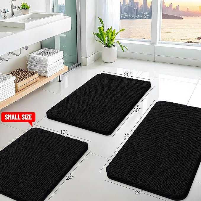 Arotive Bathroom Toilet Rugs U Shaped 24x24, Extra Soft Absorbent Shaggy Chenille Contour Bath Rugs for Toilet, Machine Washable Non-Slip Contoured Bath Mats, Black
