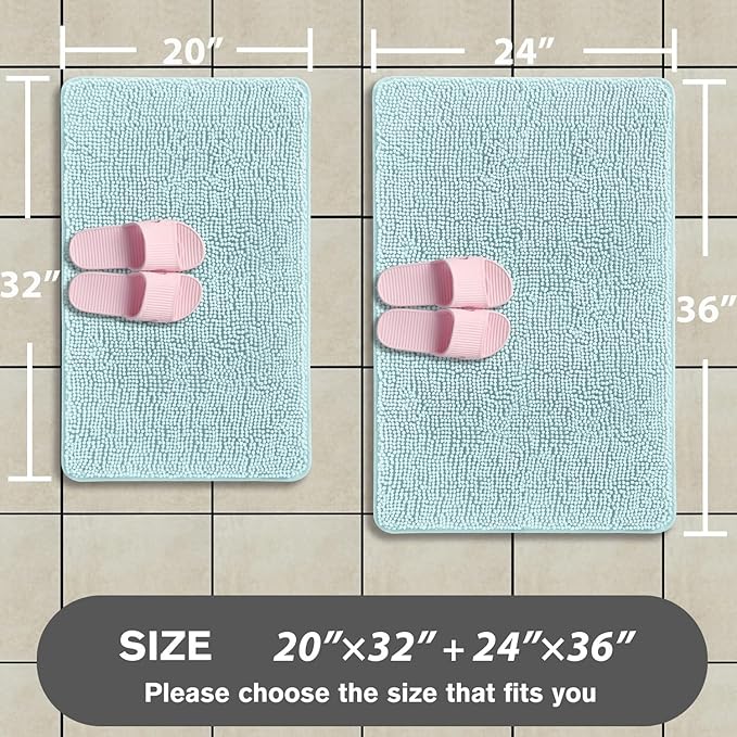 Aqua Bathroom Rugs Sets 2 Piece – Absorbent and Washable Bath Mat, Non-Slip, Thick Soft Chenille Bath Rugs for Bathroom Floor, Shower, Sink - 20" x 32"+24" x 36"