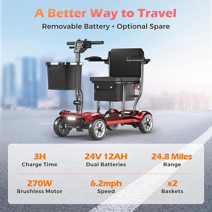 Lightweight Mobility Scooter for Adults & Seniors - Cruise & Airport Approved, 43lb Foldable Portable Motorized Scooters with Dual Lithium Batteries for 24.8 Miles Travel, 300lb Capacity, Red