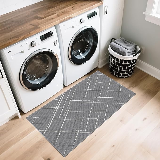 Gray Runner Rug Ultra Non-Slip 2x4 Washable Bedroom Rugs Modern Tear and Stain Resistance No Pile Hand-Woven Style Lightweight Runners for Hallways, Kitchen, Laundry Room, Bedside, Gray