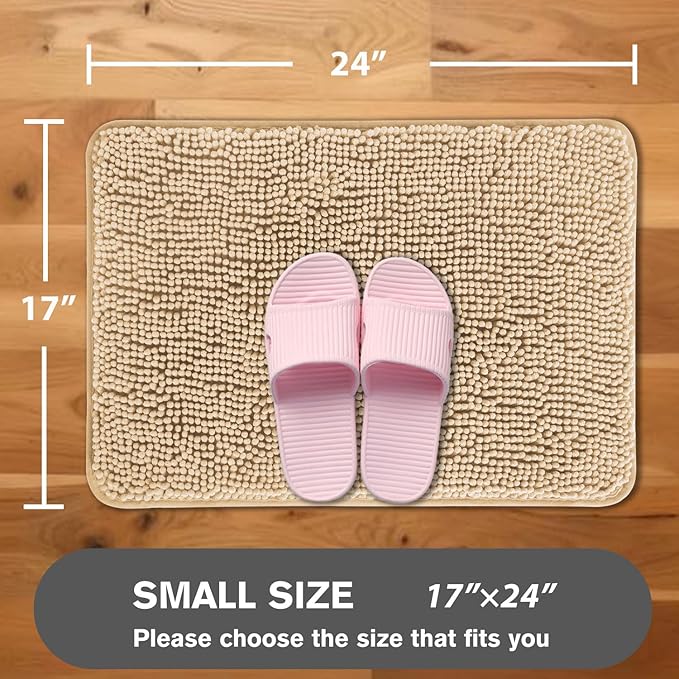 Ivory Cream Bathroom Rugs – Absorbent and Washable Bath Mat, Non-Slip, Thick Soft Chenille Bath Rugs for Bathroom Floor, Shower, Sink - 17" x 24"