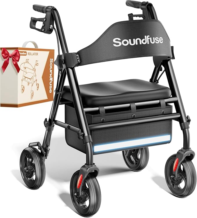 SOUNDFUSE Walkers for Seniors, Rollator Walker with Seat, 8" All Terrain Wheels, Double Support Bar, 16" Ergonomic Arc Seat and Comfortable Backrest, Dual Height Adjustable and Foldable Design