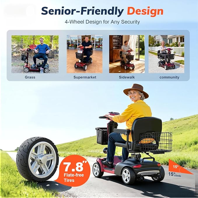 15/25/30/50Miles Eldryvon 4 Wheels Electric Mobility Scooter for Seniors, Dual Basket, 350W Powered Wheelchair with Rotating Seat, Foldable Motorized Scooter for Adults (Red, 25Miles)