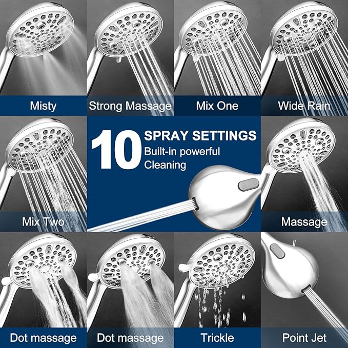 Handheld Shower Head with All Metal Holder,10-mode Showerhead Built-in Power Wash & Extra Long 6 ft. Stainless Steel Hose,Low Flow Water Saver Premium Chrome 1.8 GPM