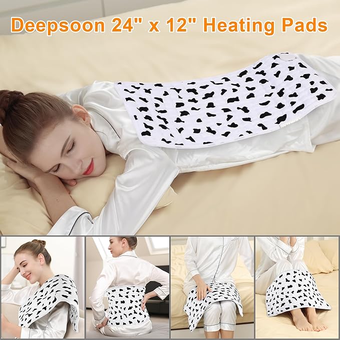 Deepsoon Heating Pad,Electric Heating Pads for Back,Neck,Moist Heating Pad for Abdomen Shoulder Knee Legs,Dry/Moist Heat&Auto Shut Off,Mother's Day Birthday for Men and Women,White Black,24x12 Inch
