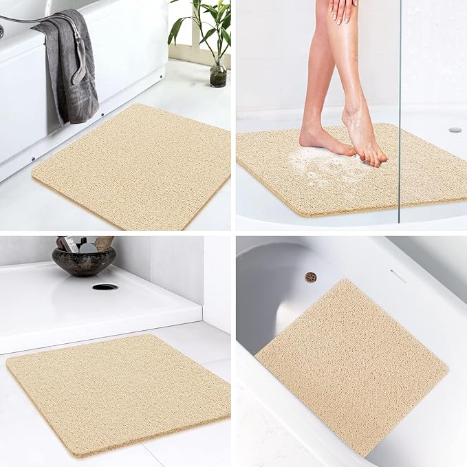 LuxStep Shower Mat Bathtub Mat,24x24 inch, Non-Slip Bath Mat with Drain, Quick Drying PVC Loofah Bathmat for Tub,Shower,Bathroom (Phthalate Free,Khaki)