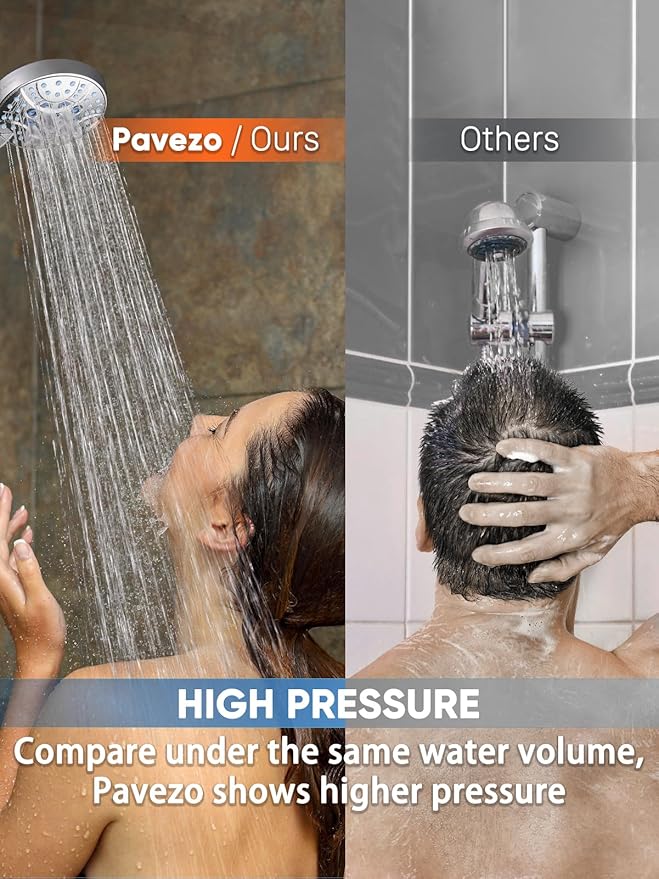 Pavezo® High Pressure Handheld Shower Head with Filter, ON/OFF Switch Pause Button, 10-mode Shower Head with Hard Water Softener Filters, SS Hose, Anti-clog & Powerful Clean Tile & Pet, Premium Chrome