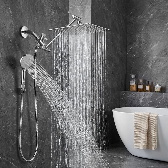 Shower Head, 10 Inch High Pressure Rainfall Shower Head/Handheld Shower Combo with 11 Inch Extension Arm, 9 Settings Adjustable Anti-leak Shower Head with Holder/Hose, Height/Angle Adjustable