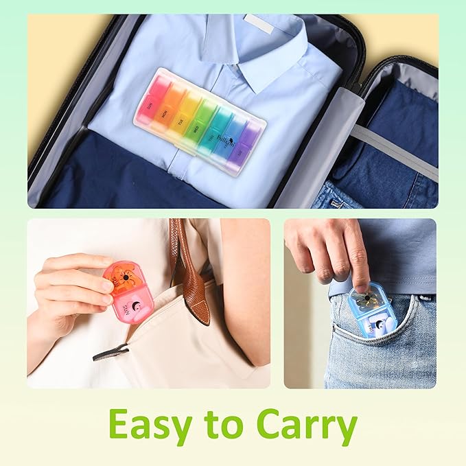 Fullicon Large Pill Organizer 2 Times a Day, Easy to Use AM PM 7 Day Pill Box, Secure Weekly Daily Pill Case, Durable Pill Container Travel, Portable Travel Medication Holder (Clear Rainbow)
