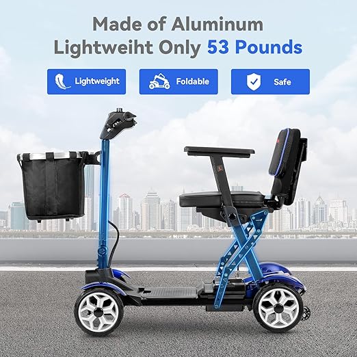 (2026 Upgrade) Lightweight Mobility Scooter for Seniors & Adults, Folding Mobility Scooters, 24.8 Miles Travel Foldable 4 Wheeler, Removable Lithium Battery, 300lb Capacity-Gloss Blue
