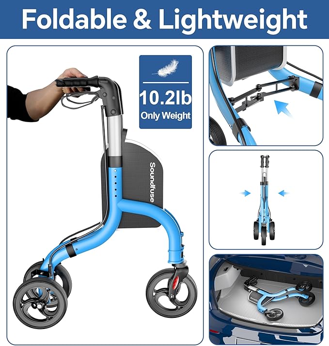 SOUNDFUSE 3 Wheel Walkers for Seniors, Lightweight Foldable Aluminum Rollator Walker, Height Adjustable Three Wheel Walker, Blue