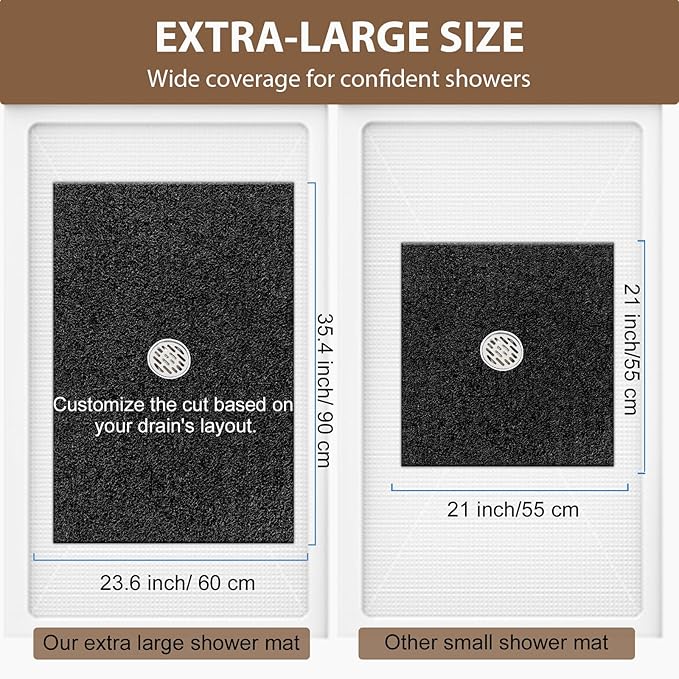 Shower Mat Non Slip: 35.4 x 23.6 Inch Extra Large Shower Mats for Inside Shower with Drain Hole - Soft PVC Loofah Anti Slip Shower Stall Mat for Walk-in Shower and Bathroom, Quick Drying
