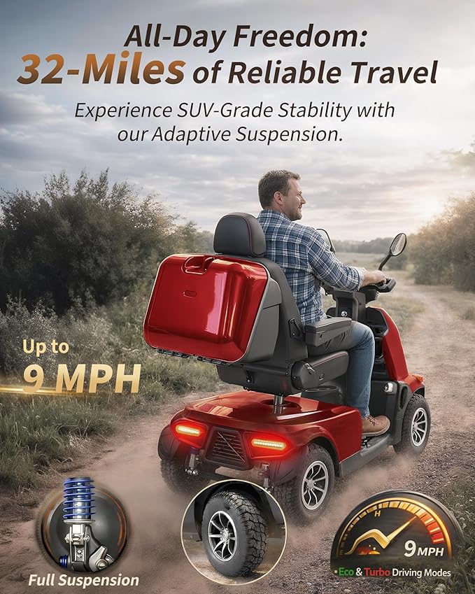 Ecomobi All-Terrain Heavy Duty Mobility Scooter for Seniors & Adults, 1000W Powerful Motor, 550 lbs Weight Capacity, 32 Mile Extended Range, 9 MPH, 13” Pneumatic Tires, Full Suspension, FDA Cleared