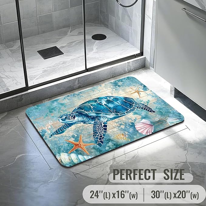 Quick Dry Bath Mat for Bathroom,Super Absorbent Turtle Bath Rug Non-Slip Rubber Backing,Machine Washable Bathroom Floor Mat for Shower, Tub, Sink Area Beach Seashell Ocean Blue 16x24