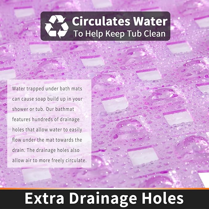 Yimobra Non Slip Bath Mat, Super Strong Suction Cups,34.5"x15.5"Long Tub Mat with Drain Holes, Machine Washable Fast Draining Shower Mats, Bathroom Essentials,Clear Purple